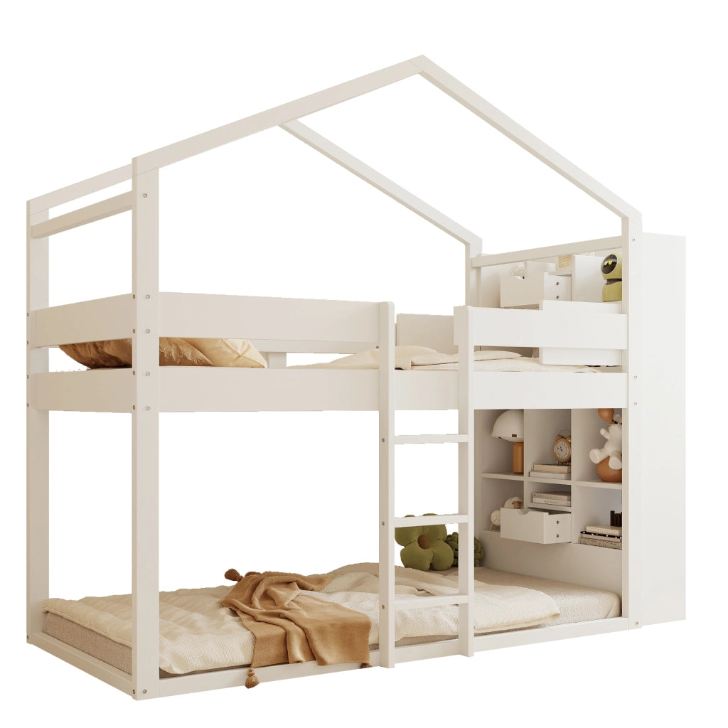 OKWISH Letto a Castello 90×200 cm, Letto Singolo con Contenitore, Mensole e Scomparti, senza Materasso, in Legno Massello, Bianco