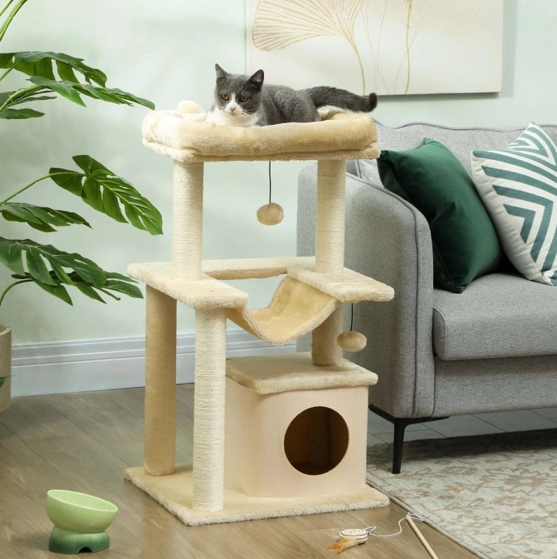 Tiragraffi per gatti multi-livello con amaca, cuccia e gioco a pallina, 48 x 48 x 90 cm, bianco crema
