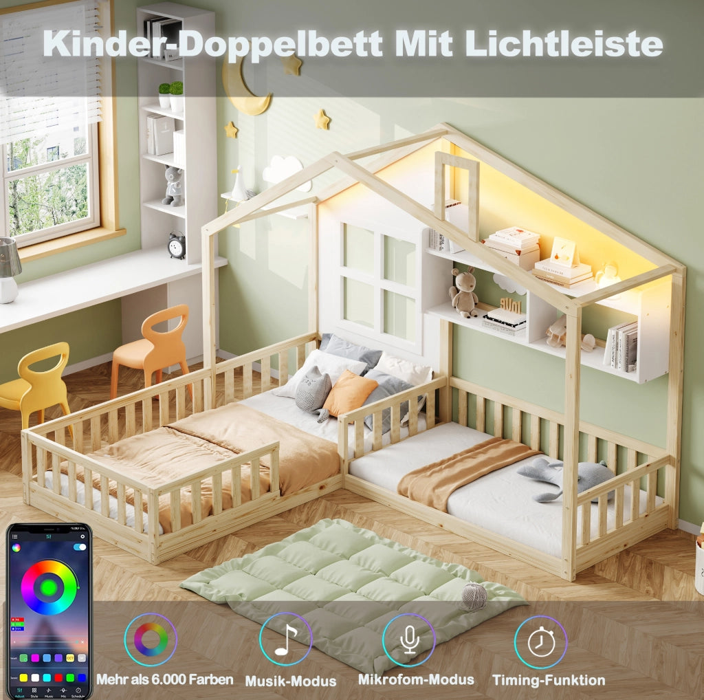 Letto per bambini a casetta 90x200 cm in legno e MDF; con LED; mensole e sponde di sicurezza