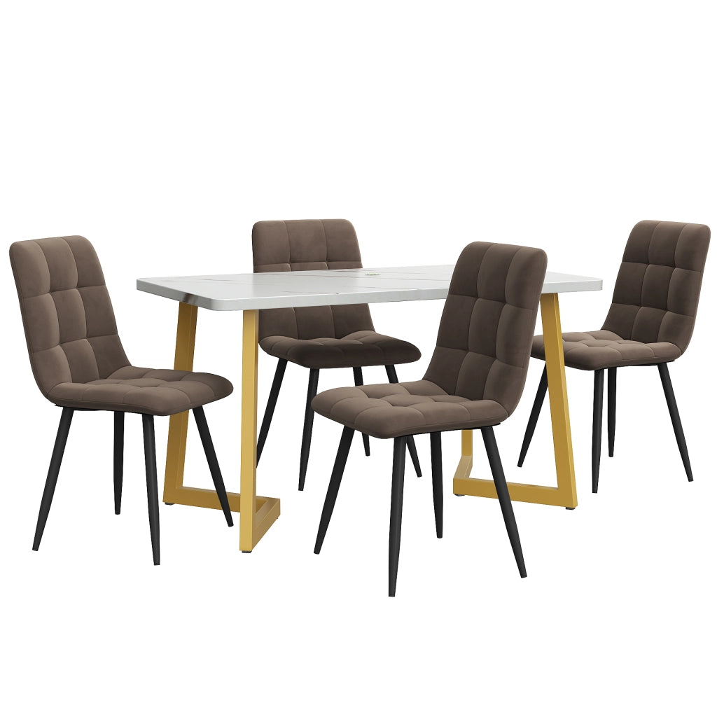 Tavolo da pranzo per 4 persone con 4 sedie in velluto piano effetto marmo in MDF e metallo moderno per cucina marrone