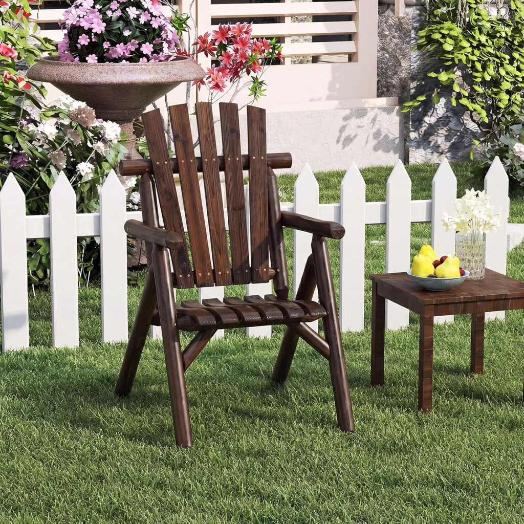 Sedia da Giardino Singola, Poltrona da Esterno in Legno con Braccioli, Schienale Alto, Portata 150 kg, Panca da Giardino Adirondack per Terrazza e Cortile, 67 x 81 x 107 cm (Marrone)