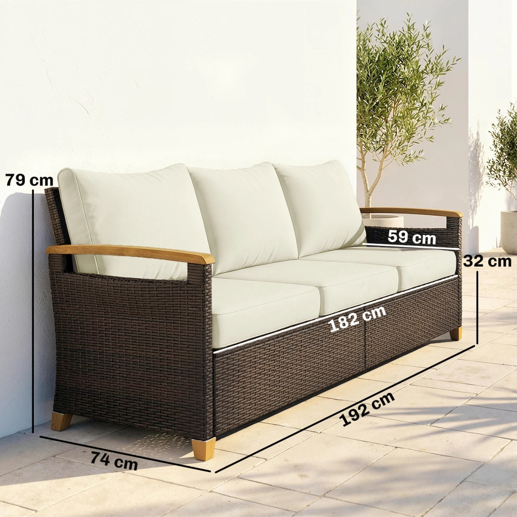 Divano da Esterno 3 Posti in Rattan PE ¨C zephmum ¨C Marrone, Crema, con Cuscini
