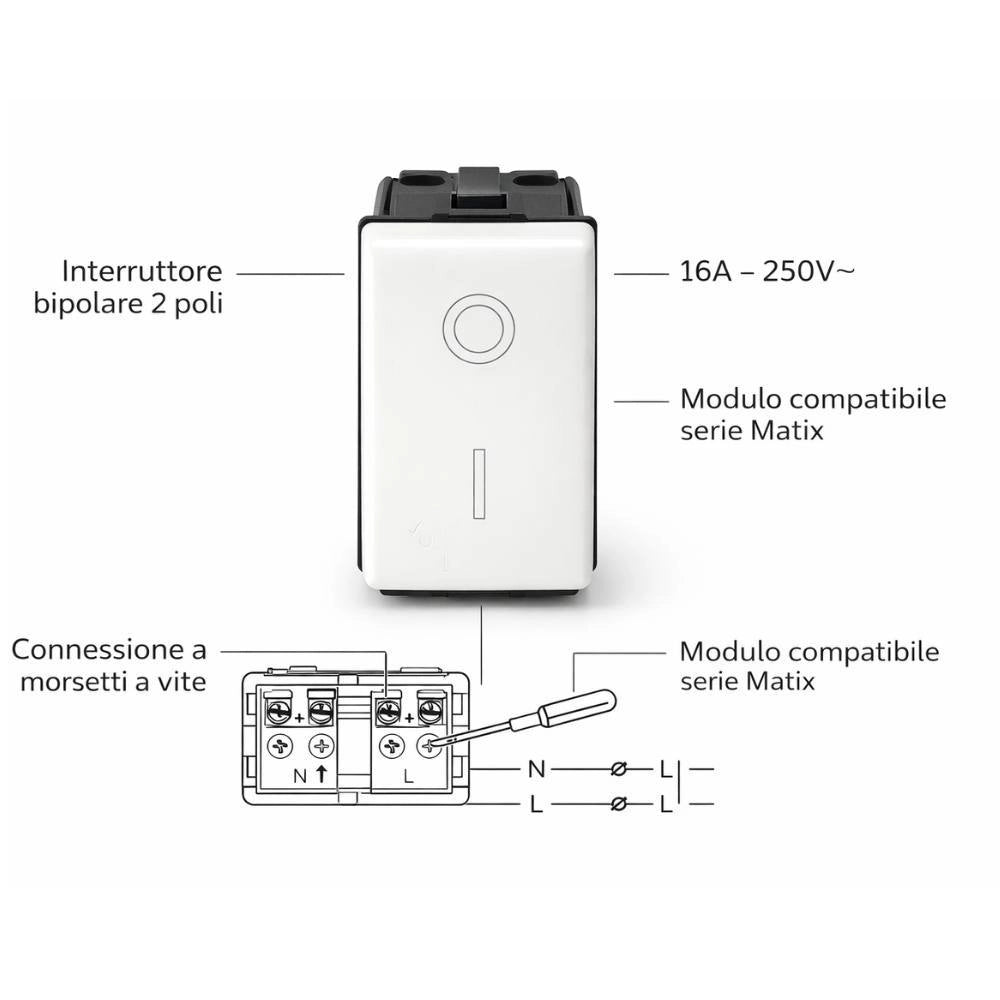 Interruttore 2 poli 16a bipolare 250v compatibile con bticino matix am5011