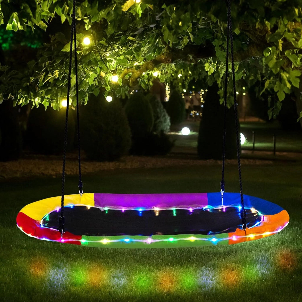 Altalena da Giardino per Bambini 150 cm, con Luci LED, Altalena da Albero con Struttura in Acciaio Antiruggine, Corde Regolabili, Portata 150 kg, per Bambini 3+ Anni