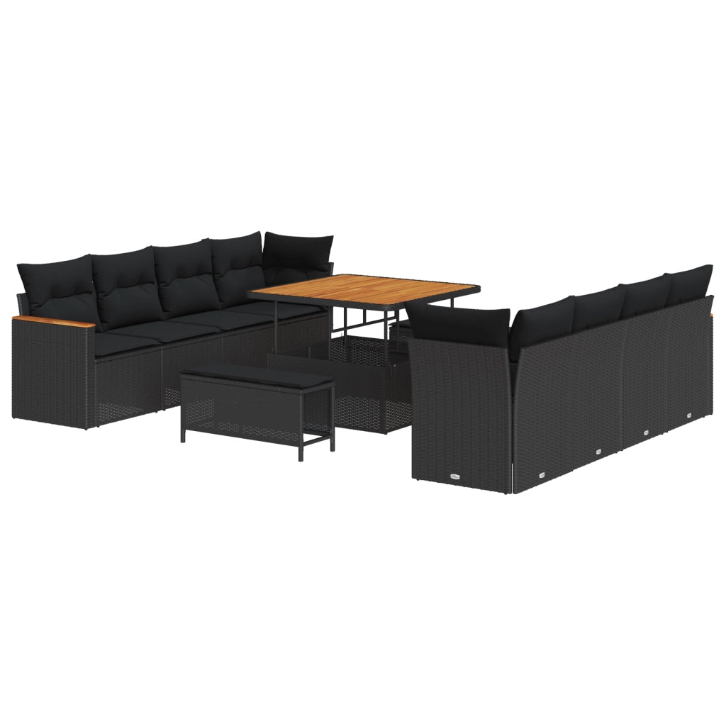 Set di Divani da Giardino  11 Pezzi con Cuscini Nero Polyrattan Acacia