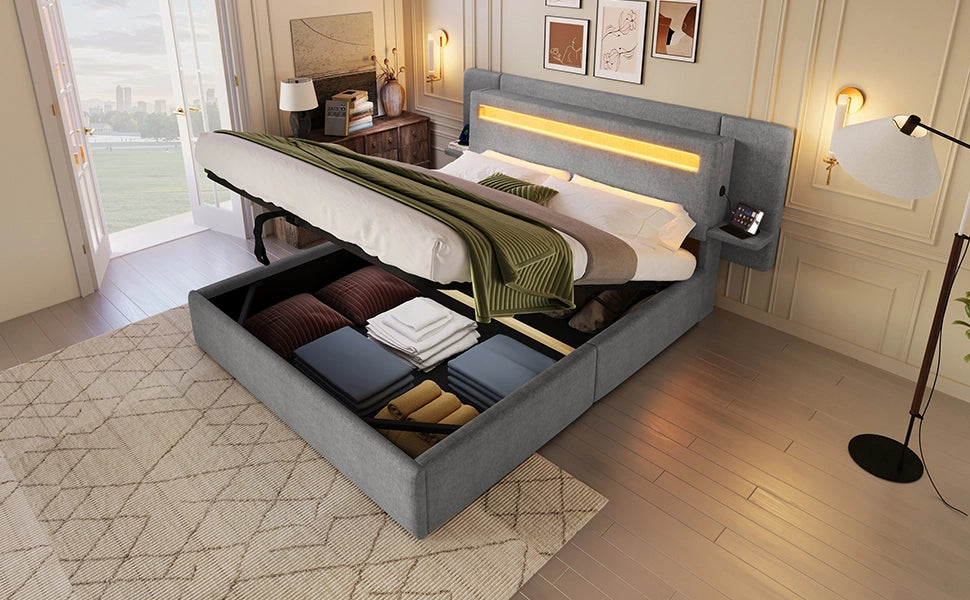 Letto imbottito 140x200 cm; letto contenitore con sollevamento idraulico; lino grigio