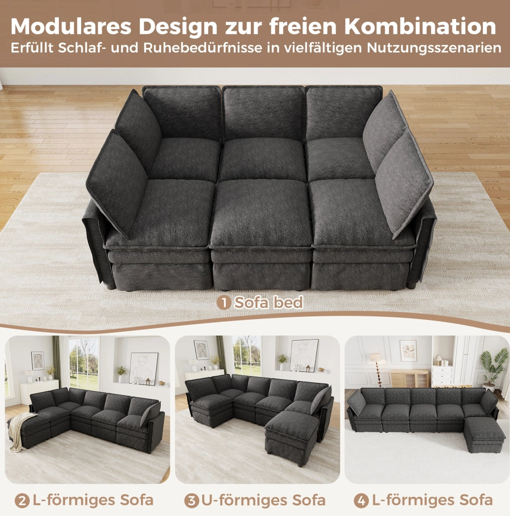 Divano modulare 6 posti in ciniglia grigio con pouf, 344 cm