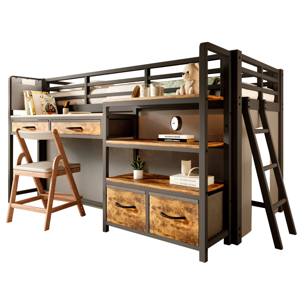 Letto a soppalco 90 × 200 cm con scrivania ripiani cassetti in tessuto e LED multicolore in metallo e MDF nero