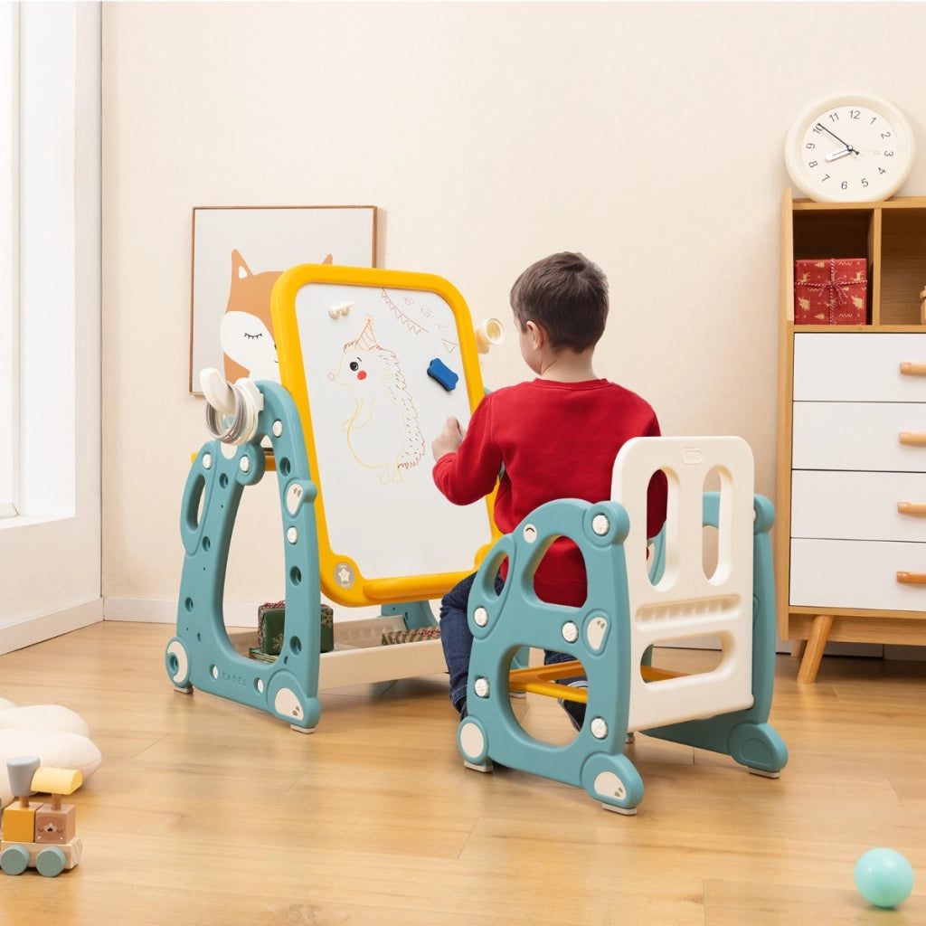 Tavolo da disegno per bambini con sedia, Set tavolo e sedia per attivit¨¤ con lavagna bianca regolabile a 3 livelli Blu-Tavoli e sedie