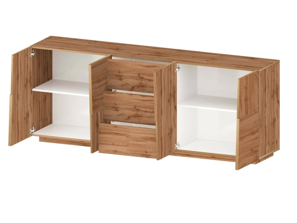 Credenza Astel, Buffet da soggiorno, Madia da salotto con 4 ante e 3 cassetti, 220x44h86 cm, Rovere