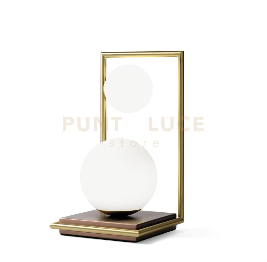 BUBLE LAMPADA DA TAVOLO 2 SFERE VERSO SX OPALINO STRUTTURA ORO SPAZZOLATO E BRONZO ATTACCO G9