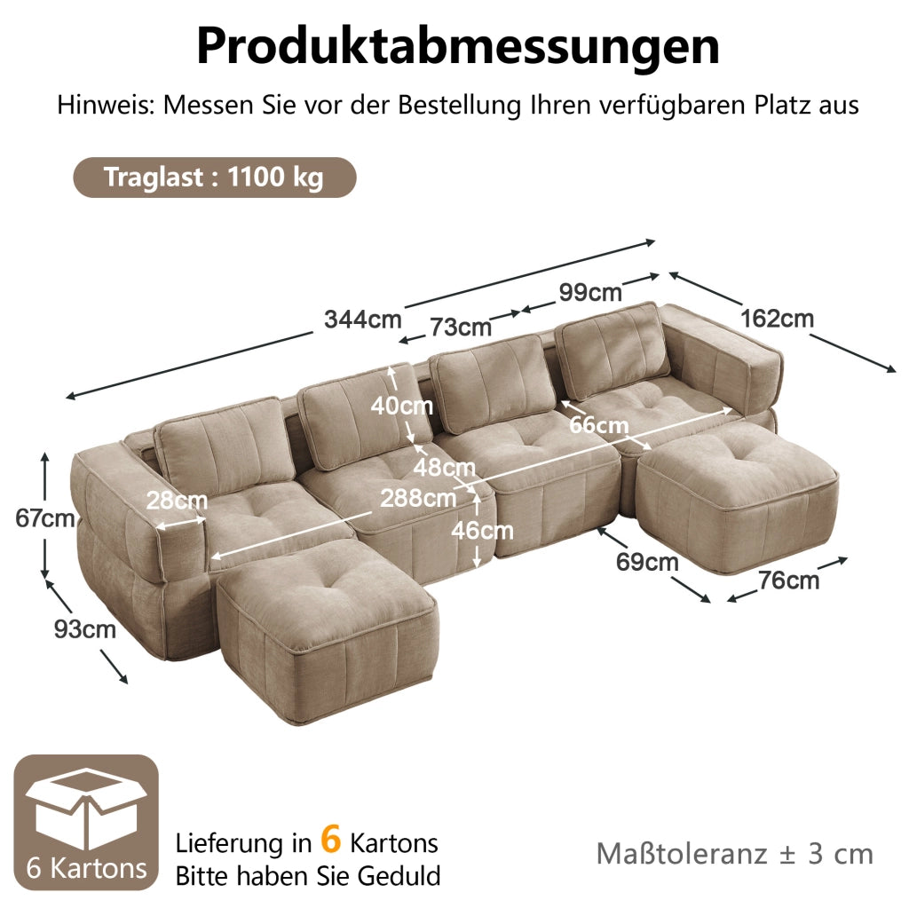 Divano modulare a U 4 posti con 2 pouf 344x162x67 cm in poliestere color sabbia