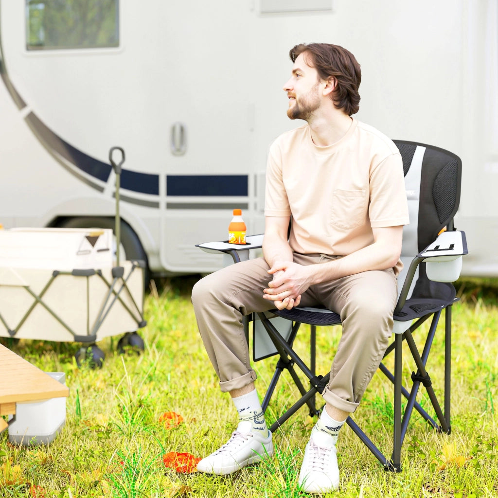 Sedia da camping pieghevole ¨C Zephmum ¨C Nero, con braccioli regolabili, porta-bicchieri e tasche laterali