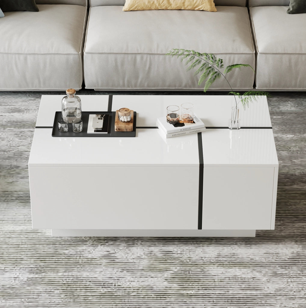 Tavolino da caffè bianco e nero con 4 cassetti, 100x60x40 cm