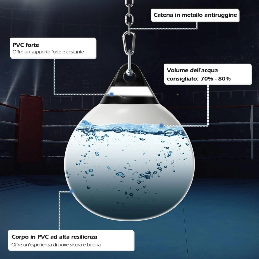 Sacco da Boxe per Bambini ed Adulti 50 kg, Sacco da Boxe ad Acqua con Catena Metallica Regolabile, Ganci, Fibbie di Assicurazione e Tubo dell’Acqua