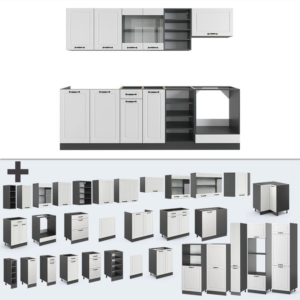 Cucina componibile R-Line Bianco rustico/Antracite 240 cm senza piano di lavoro Vicco