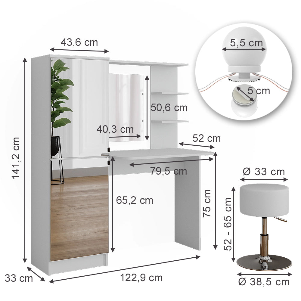 Vicco Tavolo da toeletta Bianco 123 cm con illuminazione LED e sgabello
