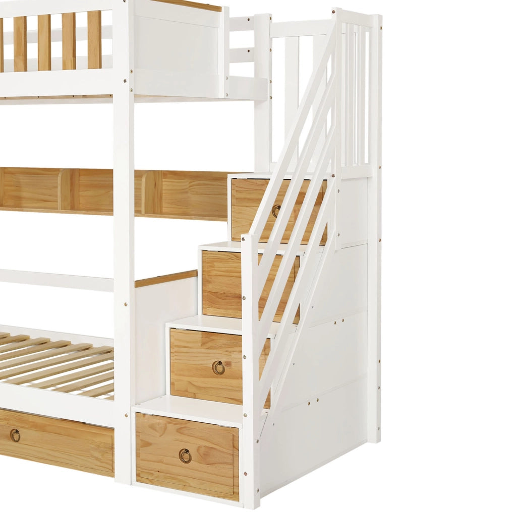 Letto a castello 90x200 cm con scala contenitore, 2 cassetti e ripiani