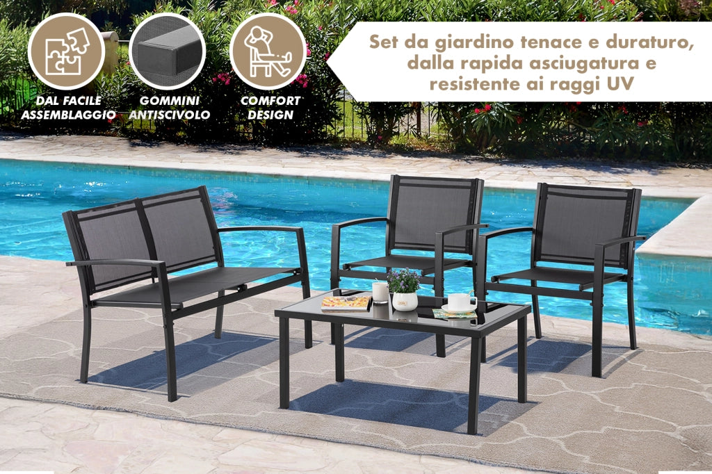 Salotto Da Esterno In Acciaio 2 Poltrone 1 Divano 1 Tavolo Giardino Esterno Con Seduta In Textilene Patio Salottino Relax Primavera Estate  Mobili Estivi 4 Posti Tavolo Ripiano In Vetro