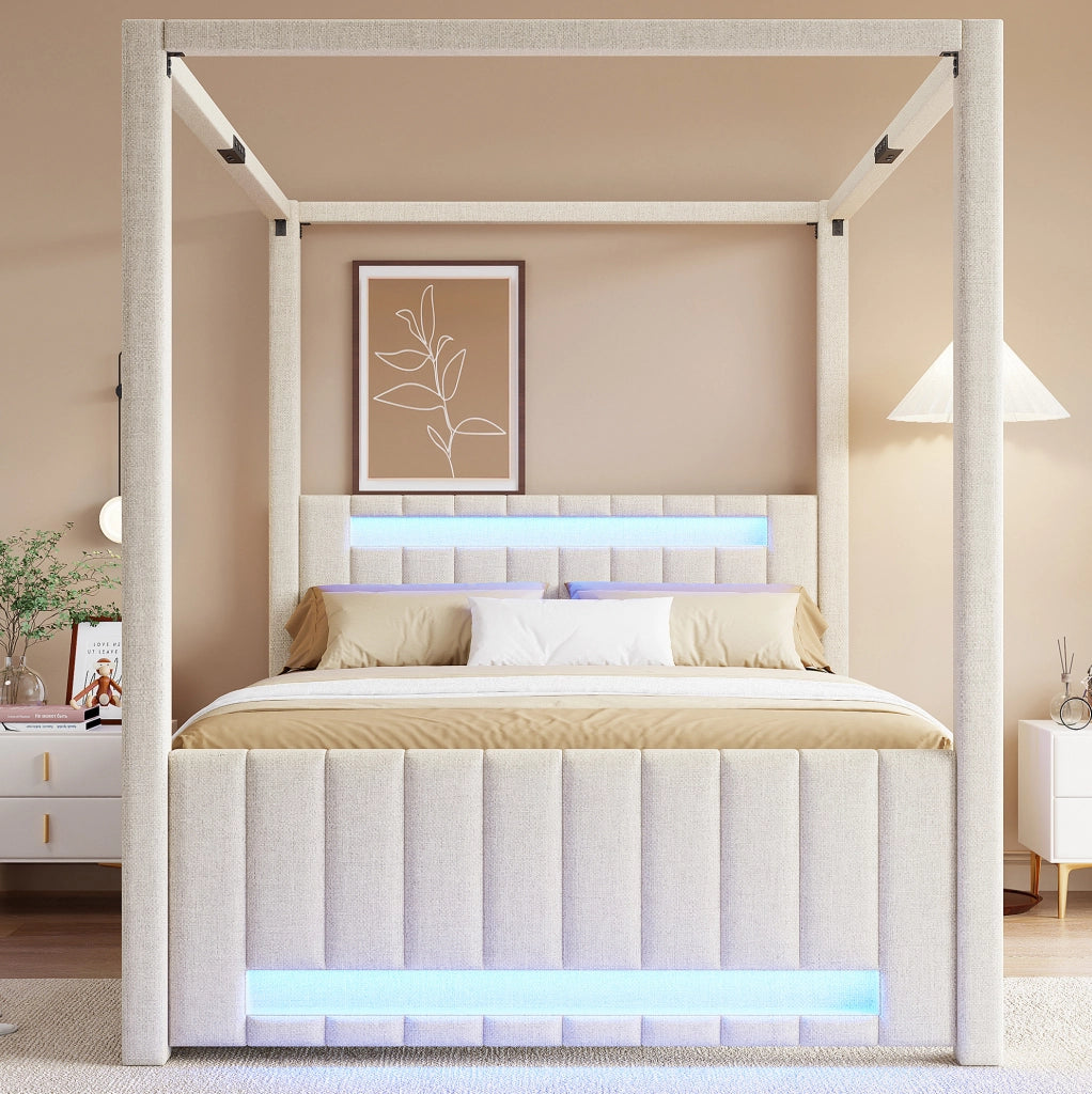 Letto a baldacchino imbottito 140x200 cm con letto estraibile; 3 cassetti; LED; beige