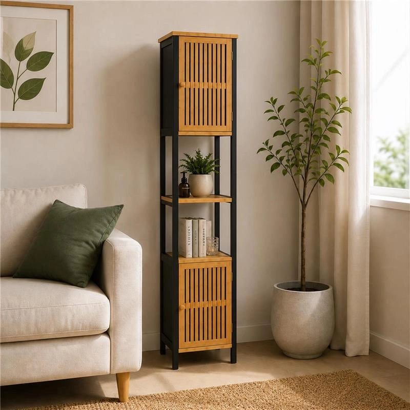 MOBILE DA BAGNO IN LEGNO CON 2 ANTE E RIPIANO IN BAMBOO - COLORE NERO DIMENSIONI 32X30X173 CM