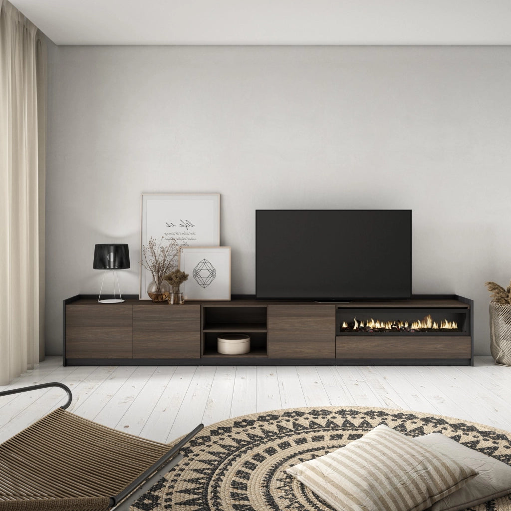 Mobile TV Soggiorno, 310x50x37 cm, Per TV fino a 80", Camino elettrico, Rovere scuro e Nero