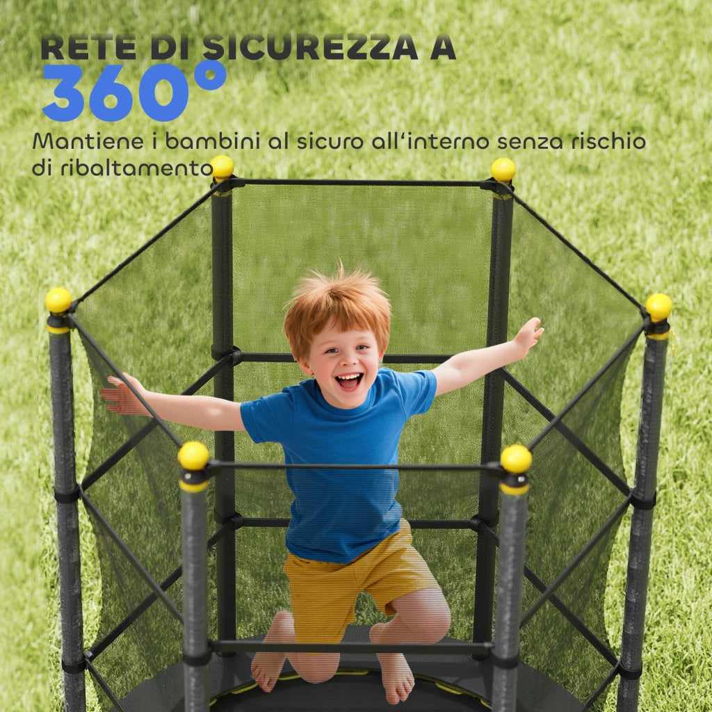 Tappeto Elastico per Bambini con Rete di Sicurezza e Pali Imbottiti Et¨¤ 3-10 Anni, ?140 x 190 cm, Nero