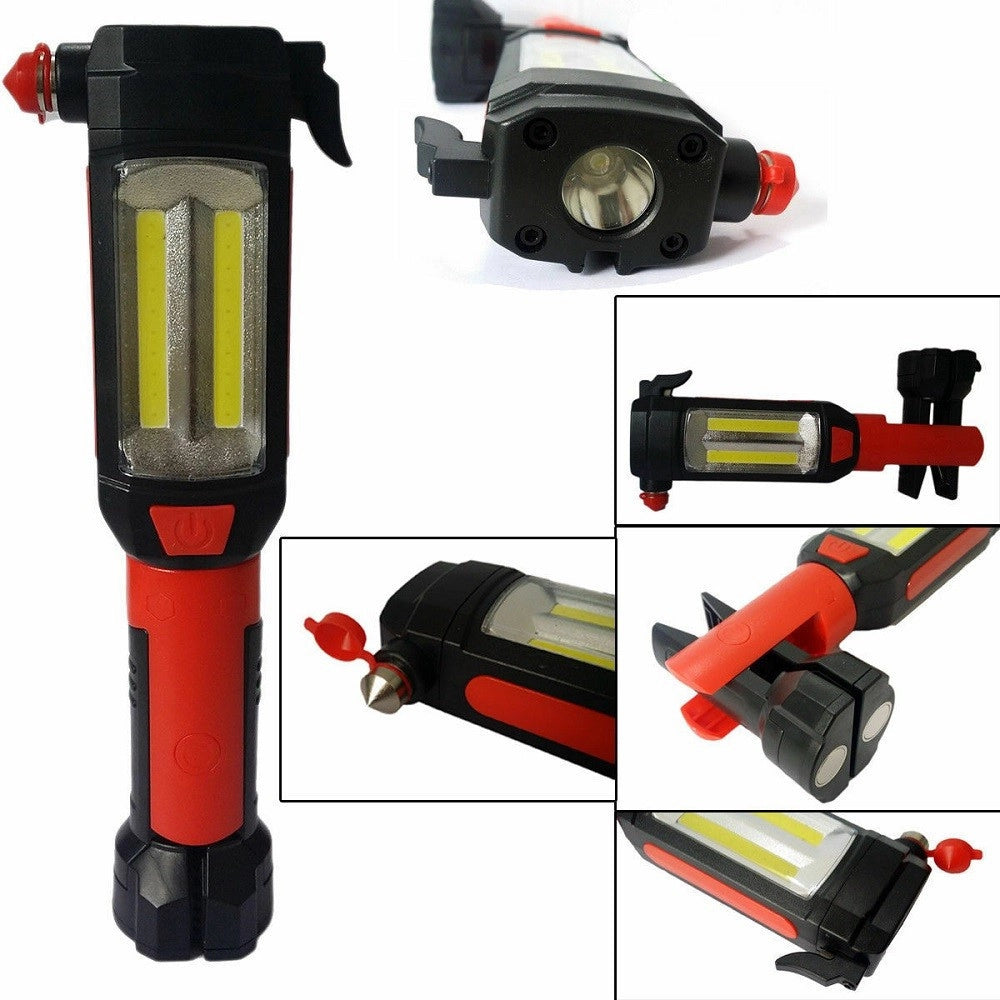 Trade Shop - Lampada Torcia Lavoro Calamita Led Ricaricabile Martello Rompi Vetro Cintura Usb -