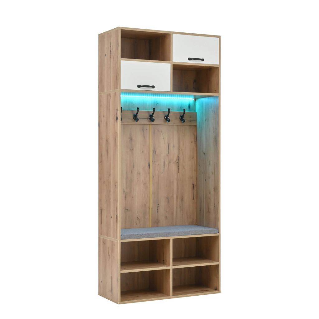 Set ingresso moderno con scarpiera, panca imbottita, 5 ganci, 4 vani aperti, colore naturale e bianco, 80¡Á185¡Á35 cm