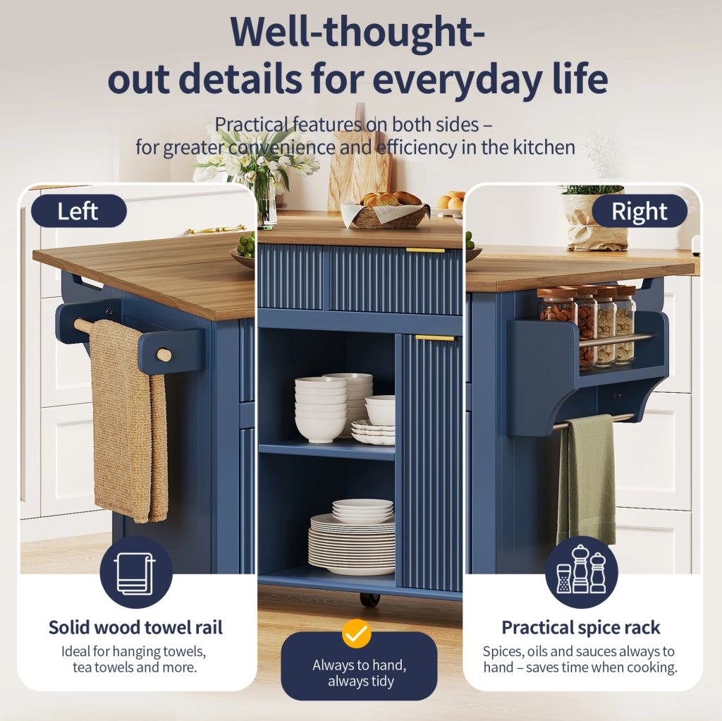 Isola cucina su ruote con piano ribaltabile 143 x 45 x 89;5 cm; MDF blu e marrone