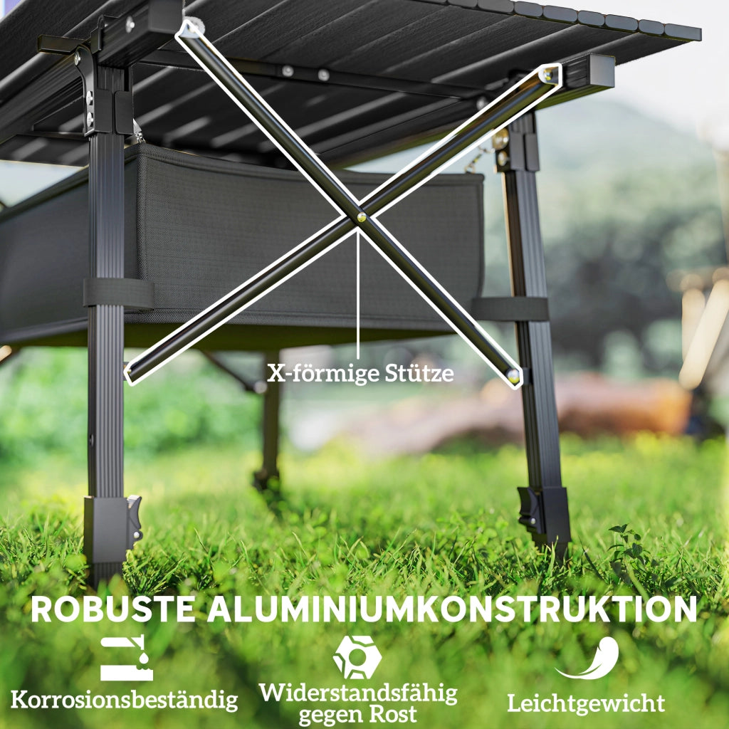 Tavolo Pieghevole da Campeggio con Cesto ¨C MINIMAL ¨C Alluminio Nero, Altezza Regolabile