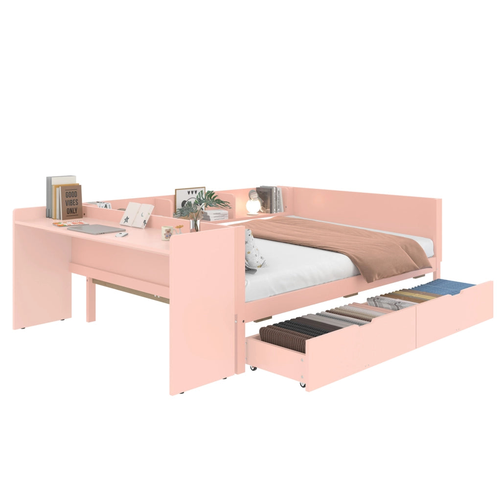 Letto matrimoniale 140x200 cm con scrivania, scaffali e 2 cassetti rosa