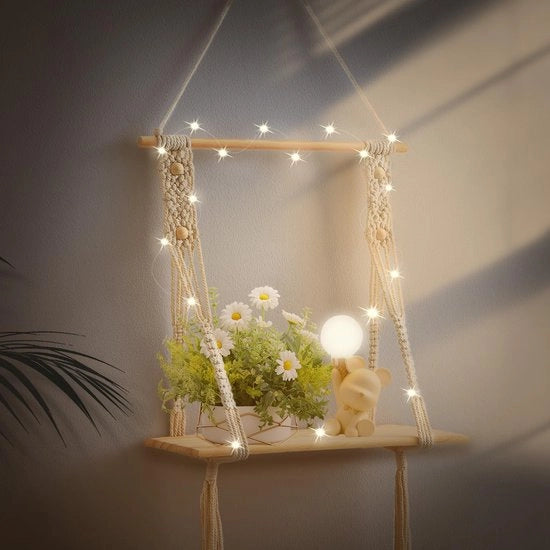 Pannello di legno per parete – decorazione boho e pannello macramé con filo di LED, decorazione per parete boho ideale per soggiorno, camera da letto o bagno, pannello per parete, decorazione macramé