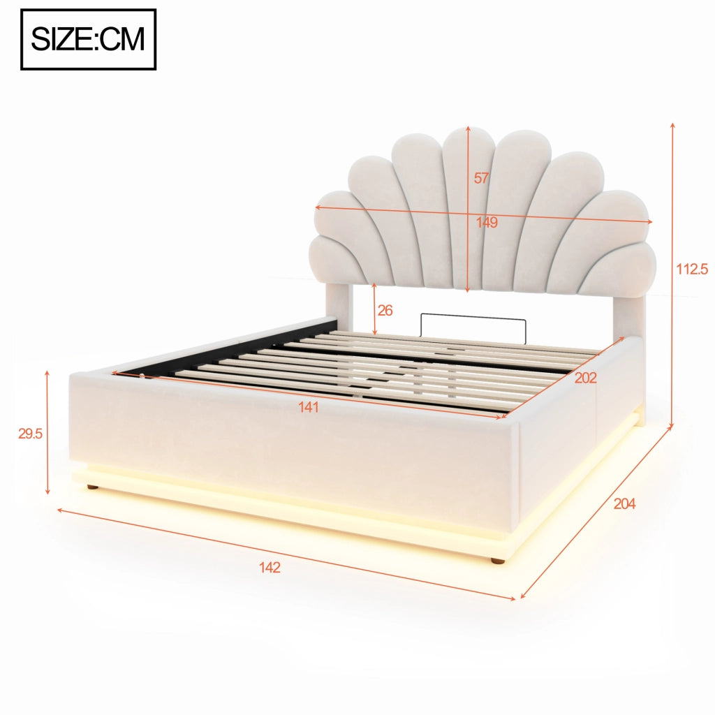 Letto contenitore matrimoniale 140×200 cm con testiera a fiore; LED; senza materasso; velluto; beige