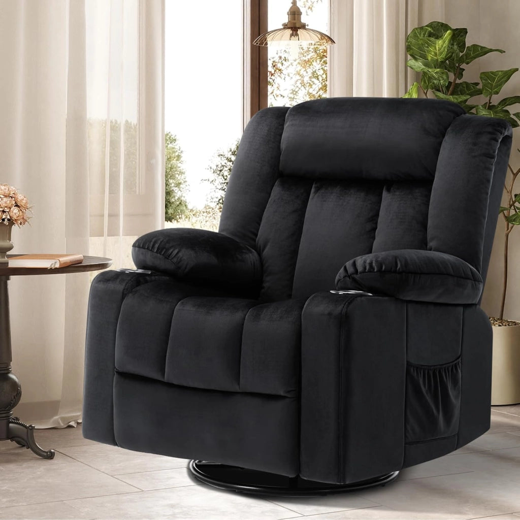 Poltrona Reclinabile Girevole per Adulti con Schienale e Poggiapiedi Regolabili, Poltrona 360° da Salotto, Portabicchieri, Tasche Laterali, Tessuto Morbido, Supporto Ergonomico, Nero