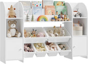 Libreria Montessoriana per Bambini, Scaffale con 2 Armadietti e 6 Contenitori Rimovibili in Plastica, per Cameretta e Soggiorno, in Legno, 135,8x29,8x90 cm, Bianco