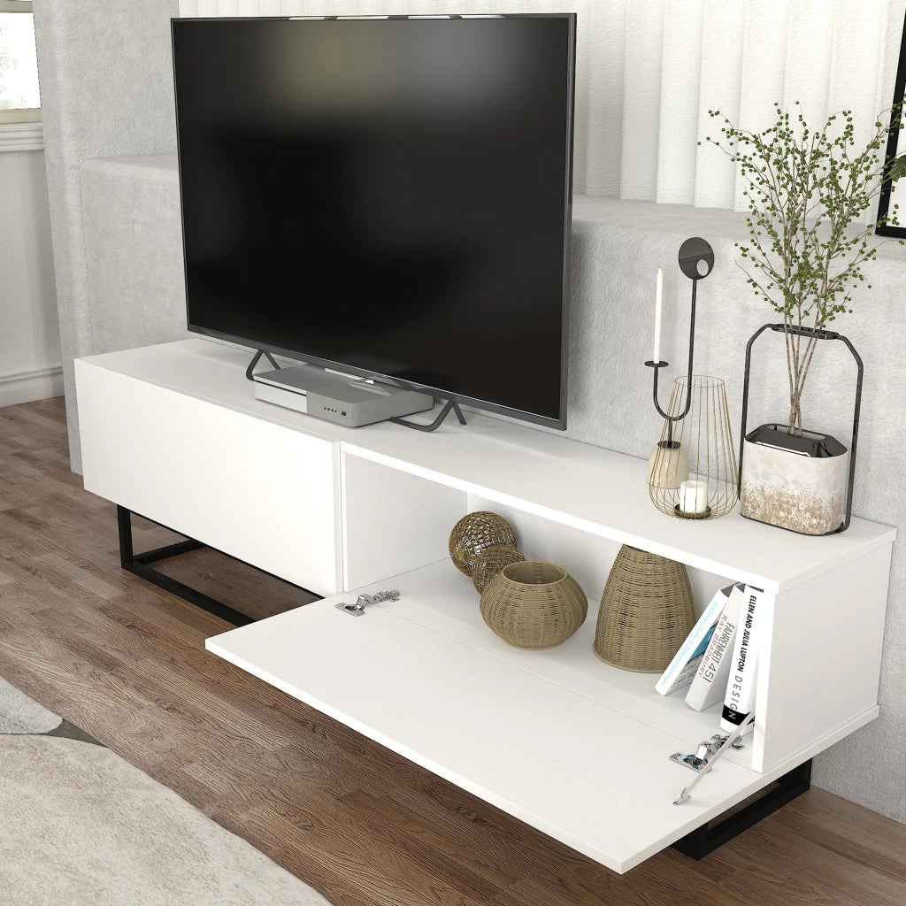 Mobile Porta TV Nolven a 2 Ante Ribalta e Telaio in Metallo 180x32x47 cm - Bianco [en.casa]