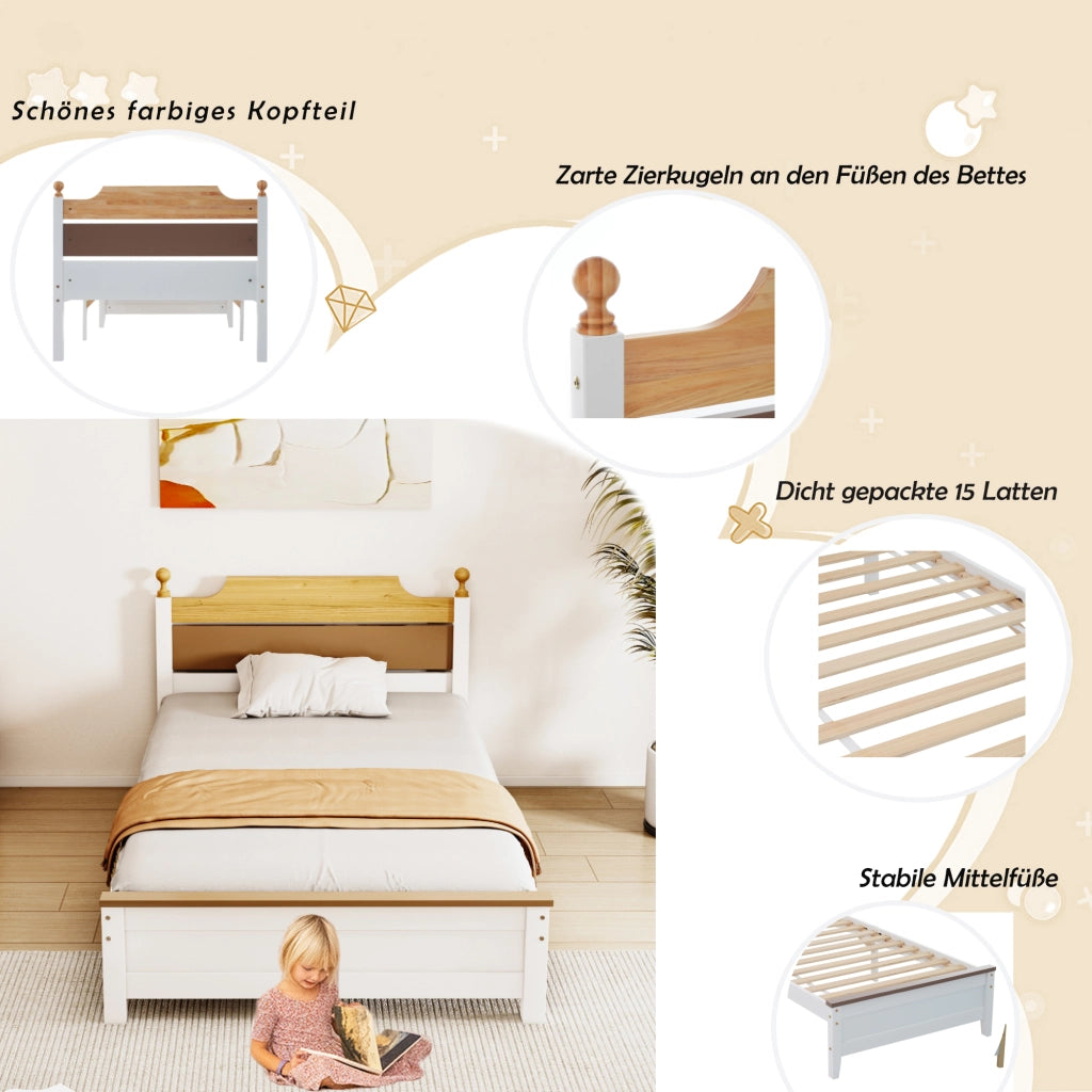 LETTO Singolo 90x200 cm Bianco in pino e MDF