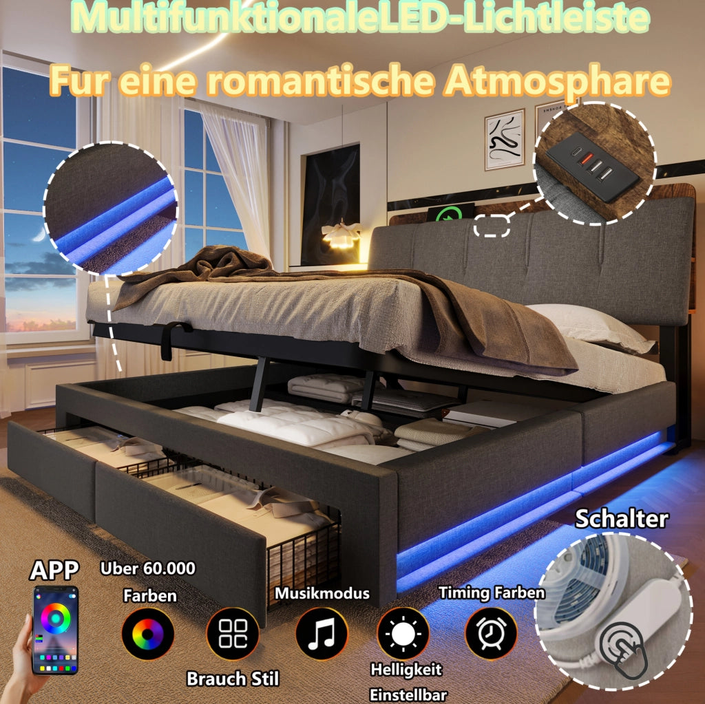 Letto imbottito 140x200 cm con contenitore, LED e USB-C grigio
