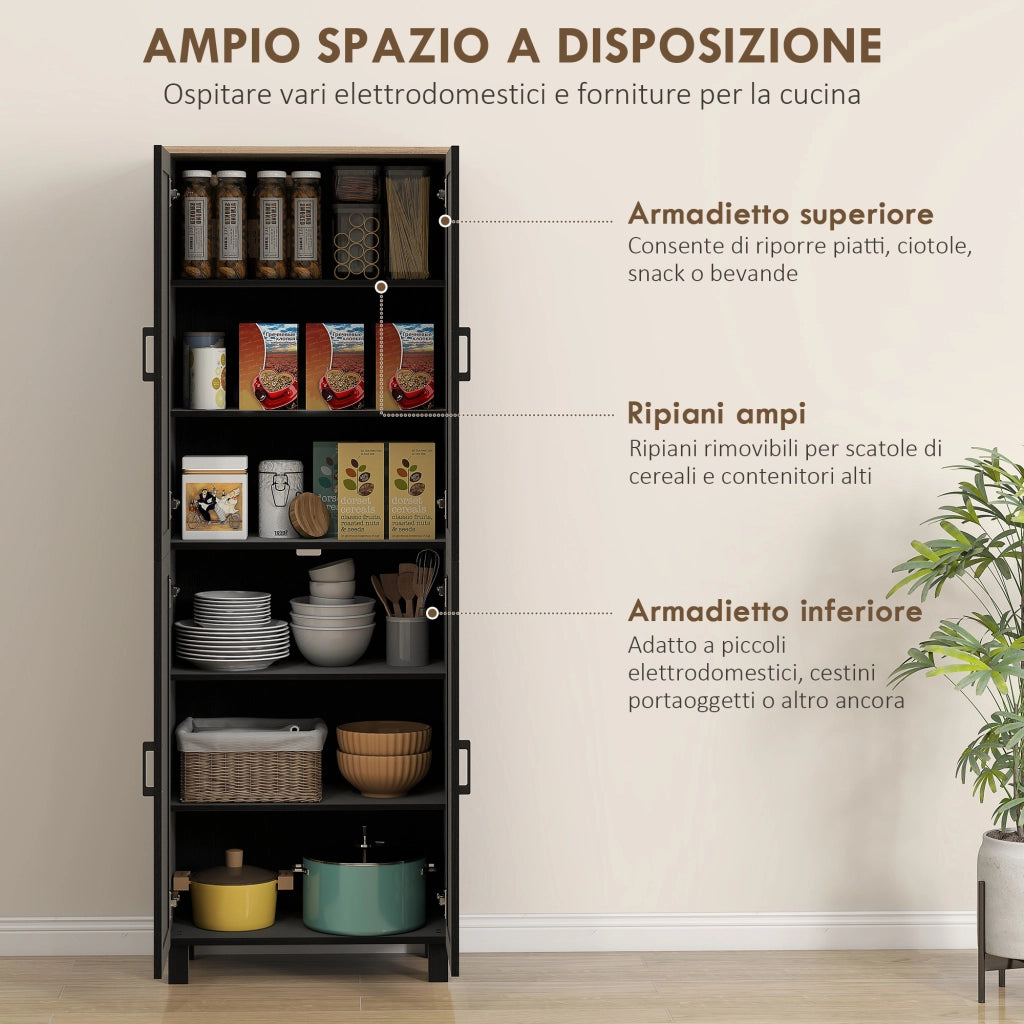 Mobile Dispensa da Cucina in Legno con 5 Ripiani Regolabili e 4 Ante, 60x30x170.5 cm, Nero