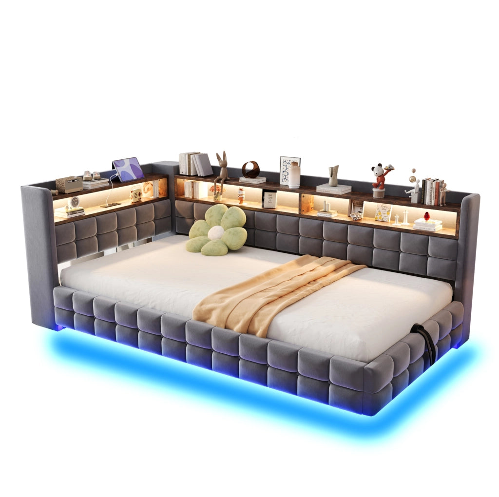 Divano letto imbottito con vano contenitore e LED