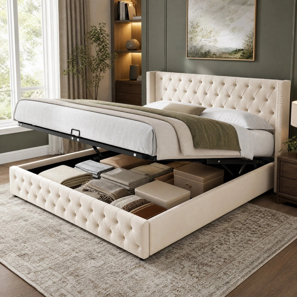 Letto imbottito beige 160 x 200 cm con contenitore idraulico