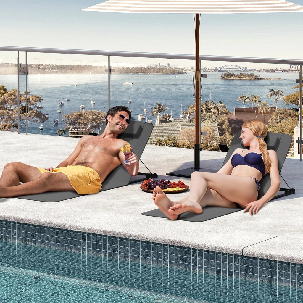 Set di 2 Lettino da Spiaggia Prendisole Pieghevole, Schienale Regolabile in 3 Angolazioni, con Poggiatesta, Sdraio da Spiaggia, in Oxford e Metallo, Grigio Scuro