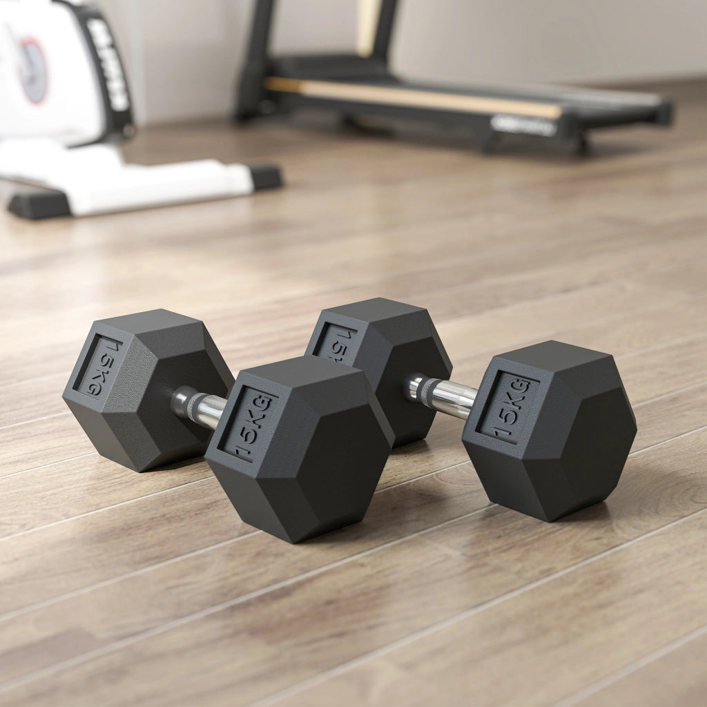 Set 2 Manubri Fitness da 15 kg Esagonali con Impugnatura Antiscivolo in Acciaio e Gomma Nero