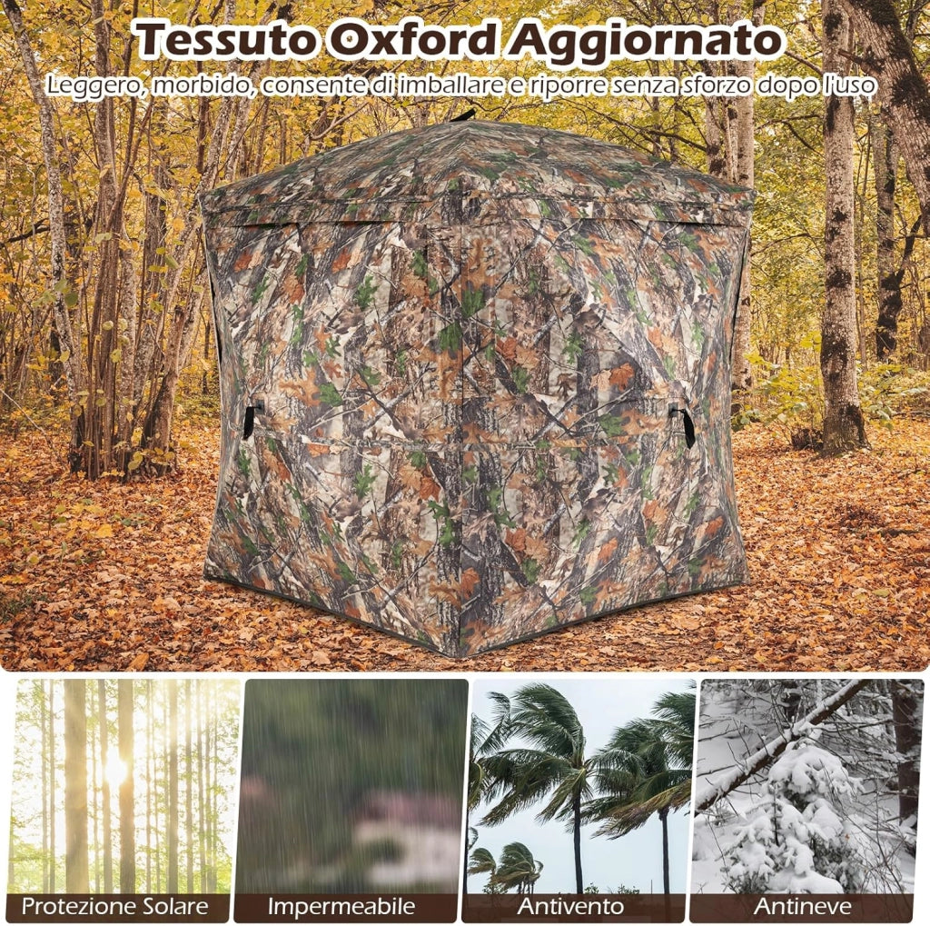 Tenda da Caccia per 2-3 Persone, Tenda Mimetica a 270° per Caccia, Tenda Pop-Up Camouflage con Porta Magnetica Silenziosa, 4 Finestre e Borsa da Trasporto, 146 x 146 x 170 cm