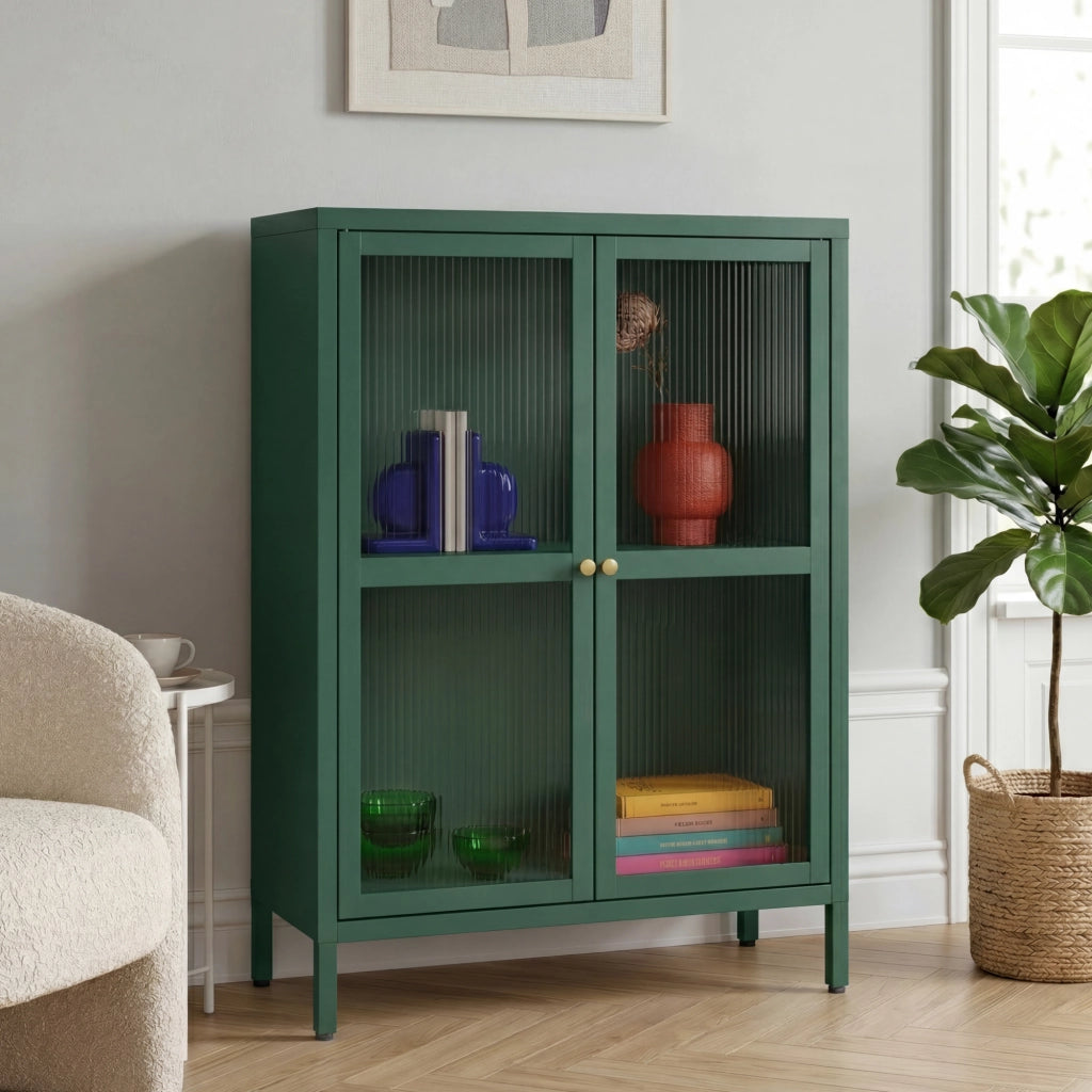 Credenza Säkylä Comò con Ante in Vetro Scanalato 84x64x35 cm Verde Abete [en.casa]