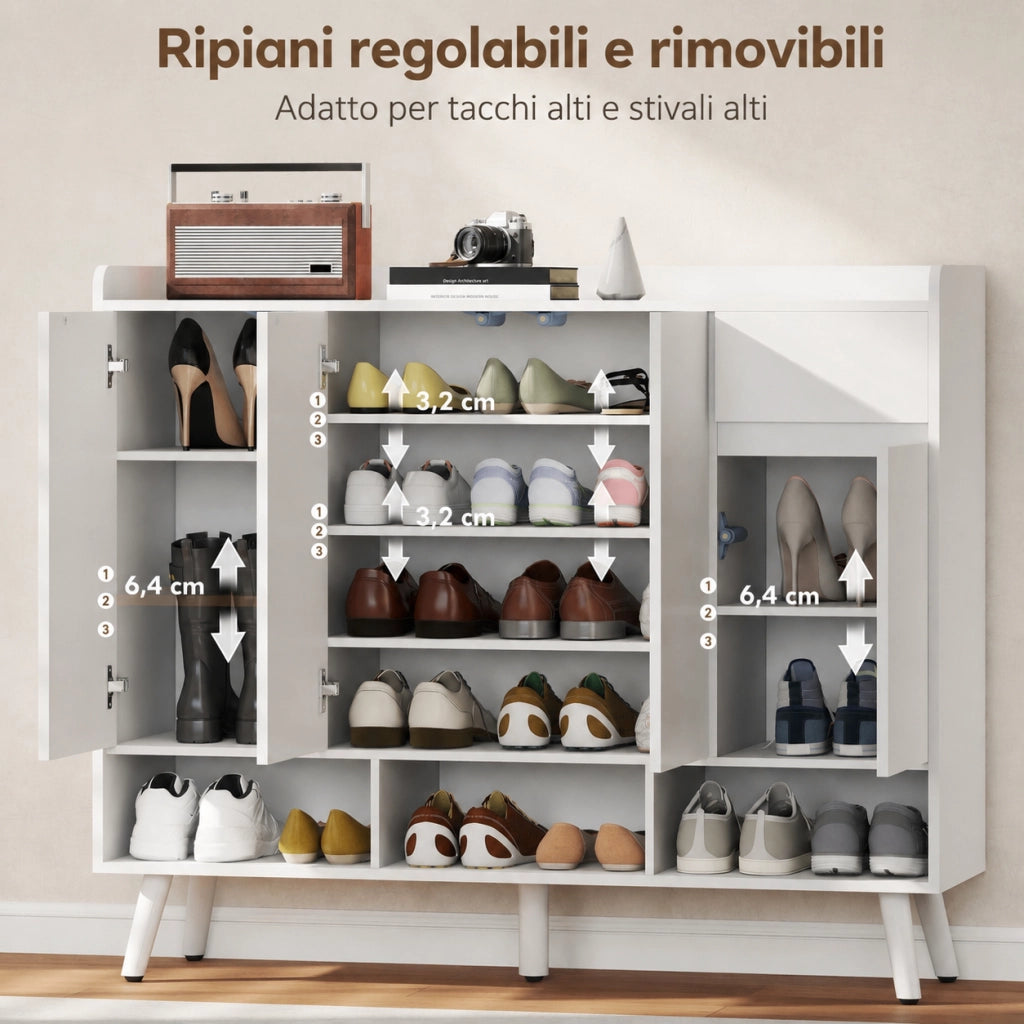 Scarpiera MDF bianca 120×35×100 cm, ante push‑open, ripiani regolabili, cassetto, kit antiribaltamento per ingresso