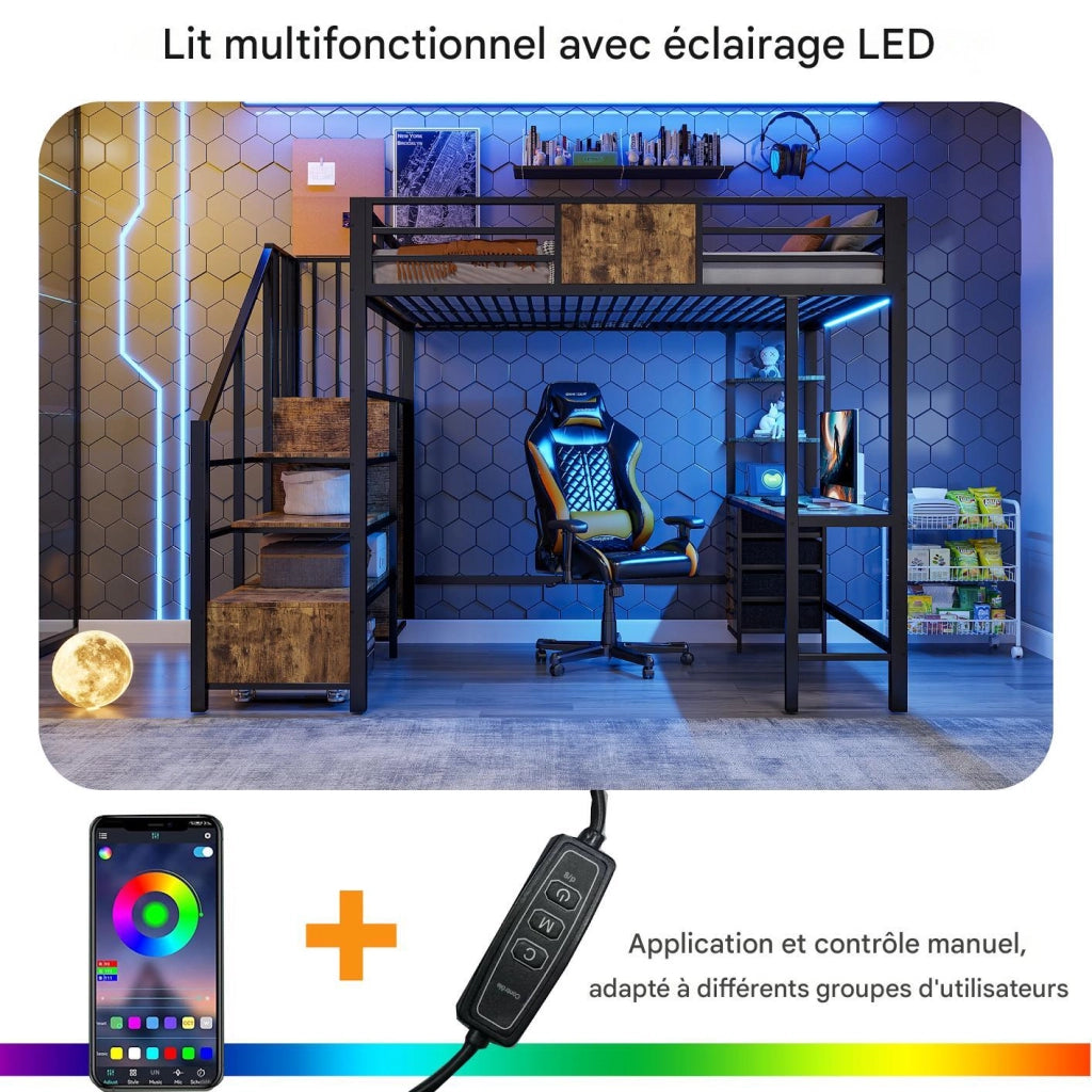 Letto a soppalco con LED e scrivania integrata LEMONMAX; 140x200 cm; 4 cassetti; appendiabiti aperto; presa europea; h letto 144 cm; nero