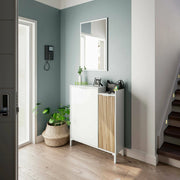 Mobile da ingresso Alambicco, Entratina a 2 ante, Armadio con specchio, Portaoggetti multifunzione, 77x24h91 cm, Bianco e Rovere
