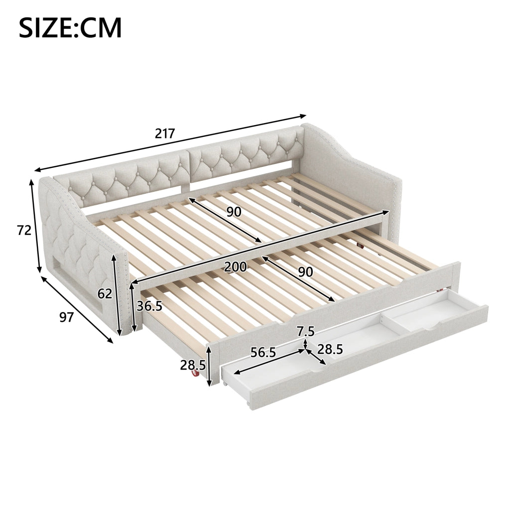 Letto da giorno imbottito 90x200 cm con LED; letto estraibile e tre cassetti; beige
